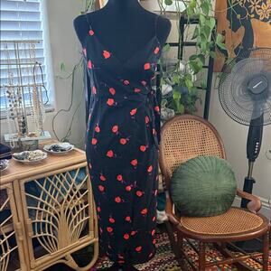 Urban Outfitters Quebec Black Floral Linen Blend Side Tie Faux Wrap Midi Dress